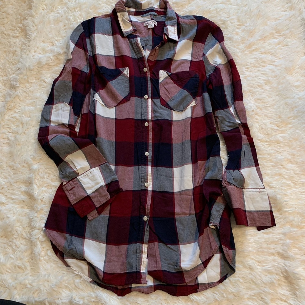 Maroon, Navy and White Plaid Button Up